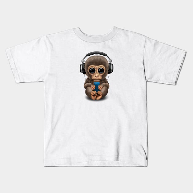 Cute Baby Monkey With Cell Phone Wearing Headphones Kids T-Shirt by jeffbartels